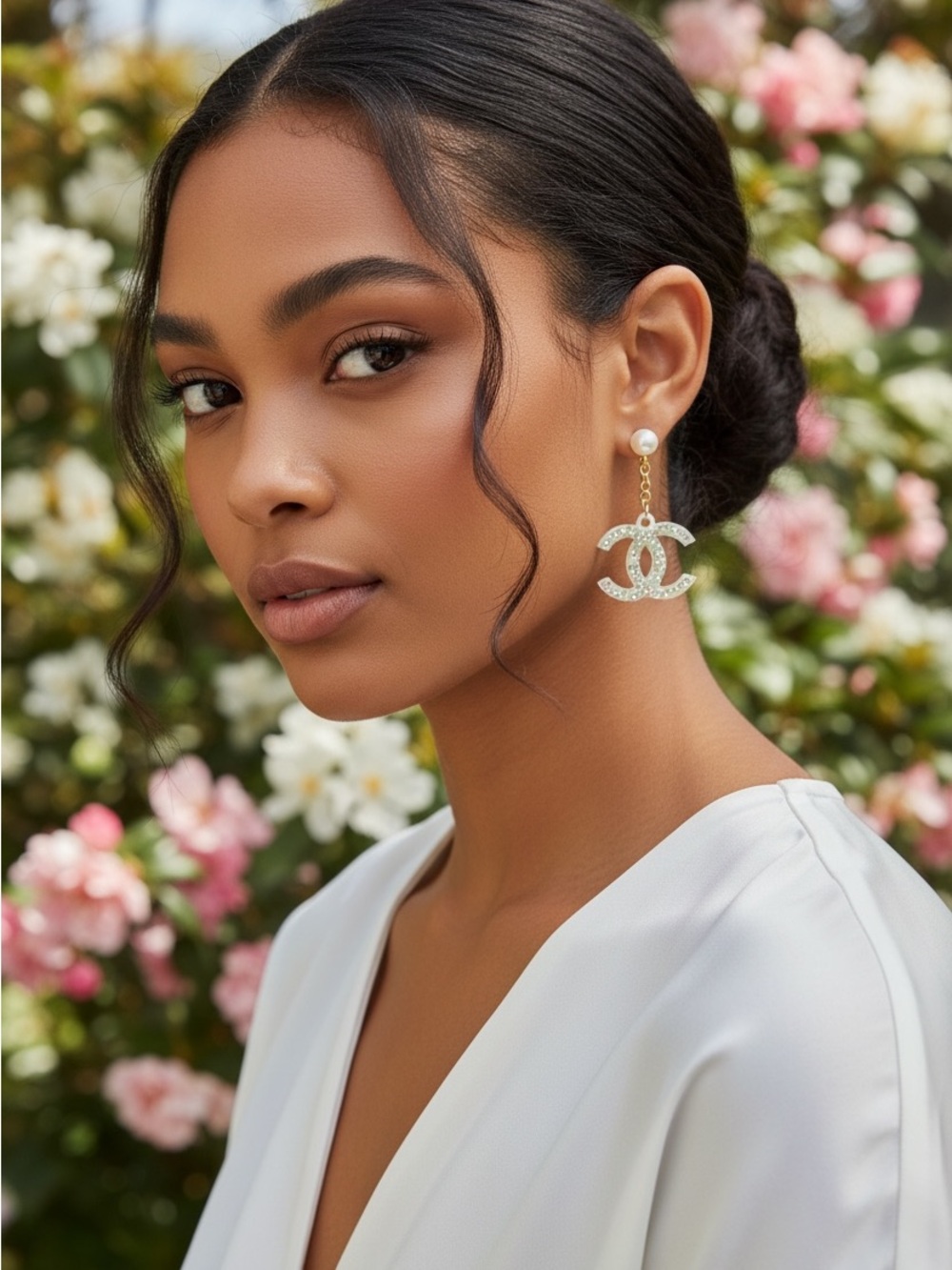 Gold-Tone and White Pearl Crystal CC Drop Earrings